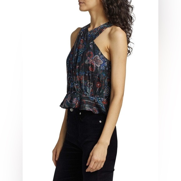 Veronica Beard Black Multi Silk Metallic Paisley Floral Halter Kailani Top NWT 6 - Picture 2 of 12